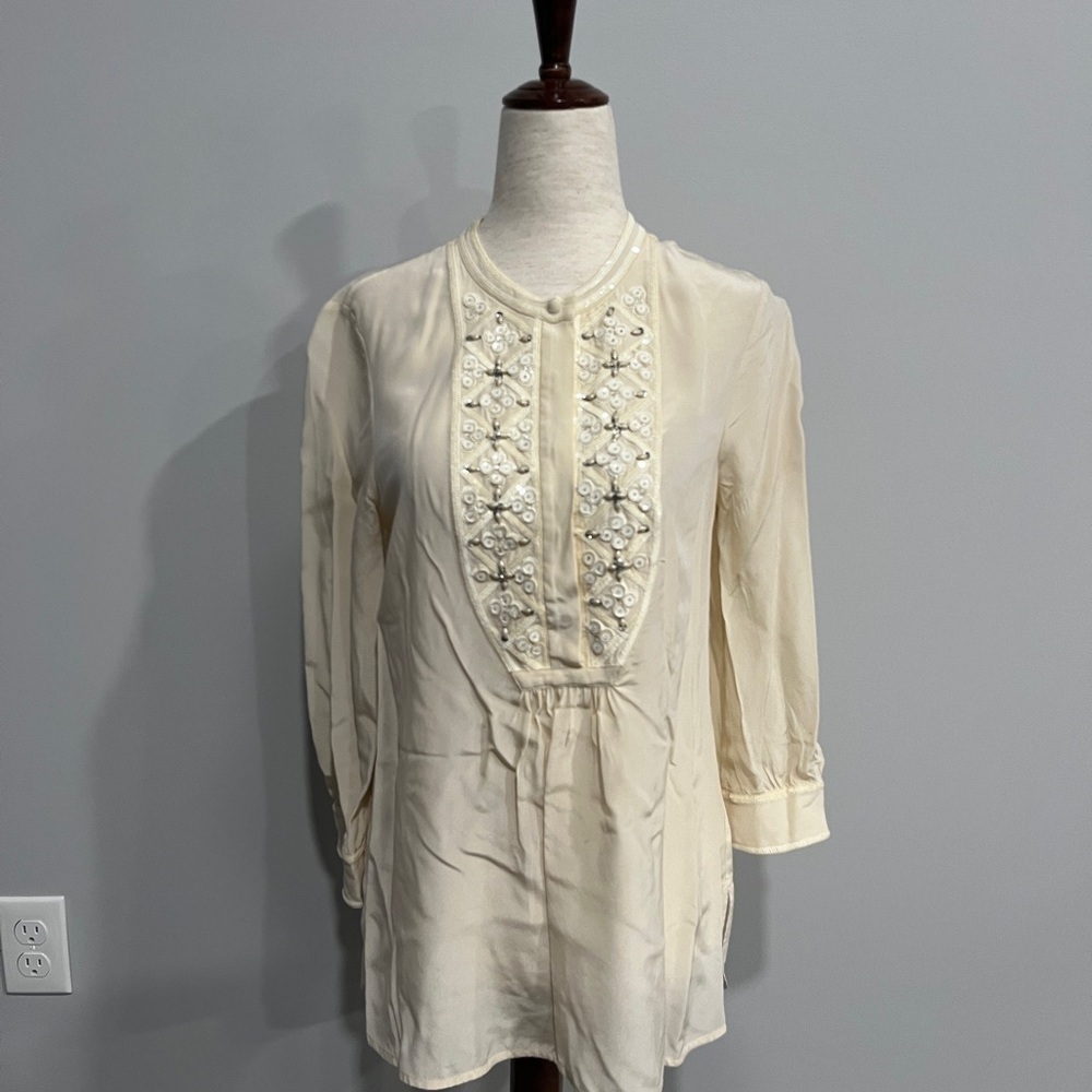 Tory Burch Silk Elegant Cream Embroidered Women's Peasant Top Size 4 - Picture 1 of 6